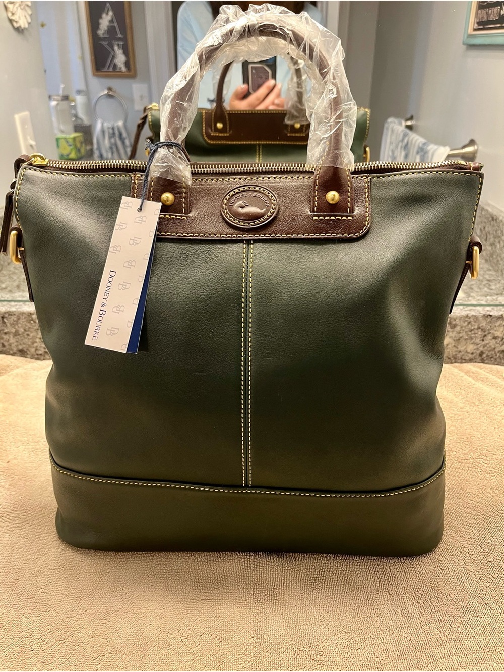 Dooney & Bourke Forest Green Leather Satchel with Brown Trim